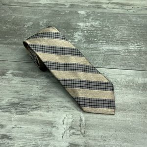 Nicola Ferri Taupe w/ Grey Plaid Stripe Skinny Silk Tie